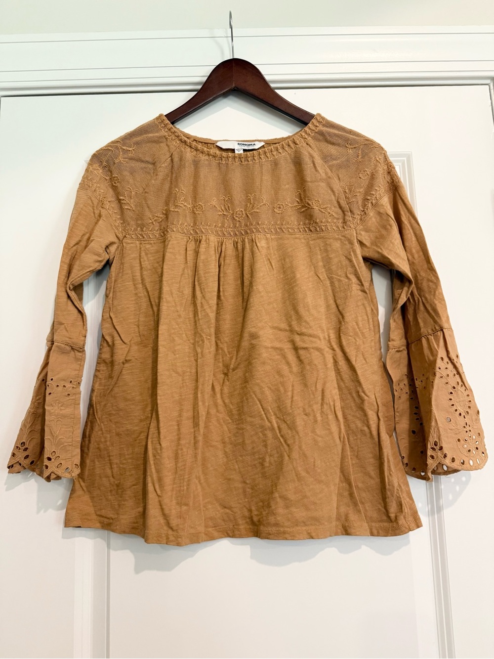 Sonoma Mustard-Tan Embroidered Bell Sleeve Tunic